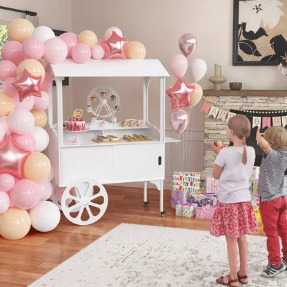 Wooden Dessert Cart with Wheels  Mobile Candy or Party Serving Station with Cabinet Storage