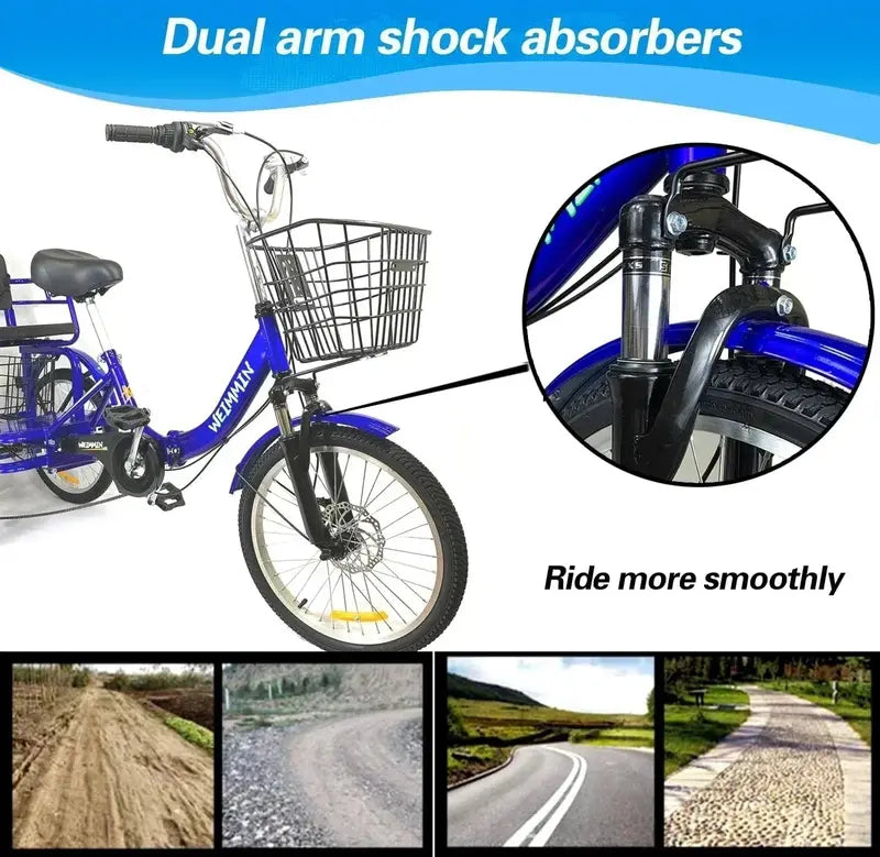 Foldable Adult Tricycle  20-Inch 7-Speed Blue Star-Striped 3-Wheeler for Comfortable Commuting