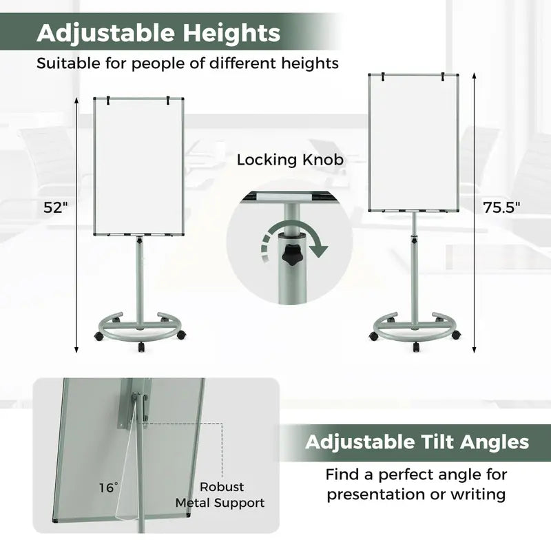Height-Adjustable Mobile Dry Erase Board  40″ x 26″ on Stable Round Wheeled Stand