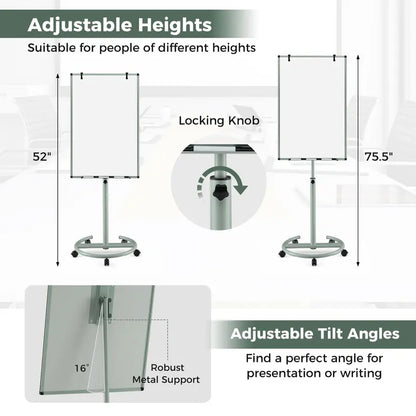 Height-Adjustable Mobile Dry Erase Board  40″ x 26″ on Stable Round Wheeled Stand