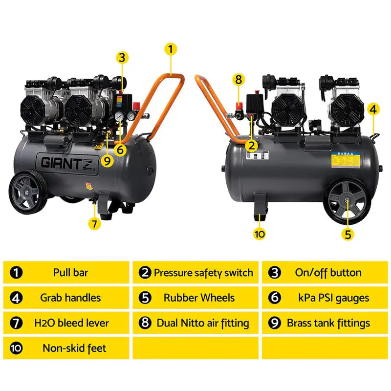Giantz 50L Oil-Free Portable Air Compressor  200 L/min Output, 3.0 HP Quiet Operation