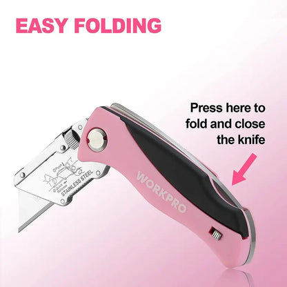 WORKPRO Pink Folding Utility Knife  Quick-Change Razor Blade Cutter with Pink Ribbon Design