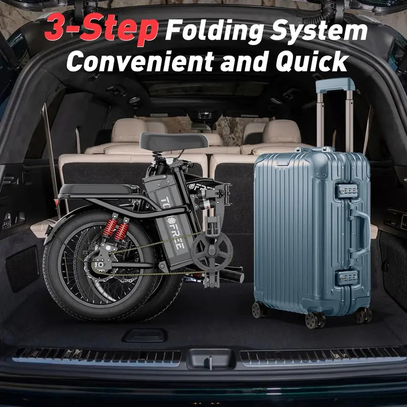 Tomofree T1 1200W Folding E-Bike  31 MPH Top Speed, 48V 20Ah Battery, 16×3″ All-Terrain Tires, LED Display & 330 lb Load Capacity