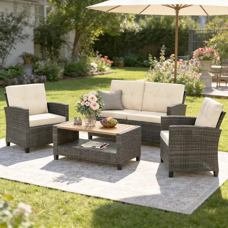 Wisteria Lane 4-Piece Navy Blue All-Weather Wicker Patio Sofa Set with Cushions and Glass Table