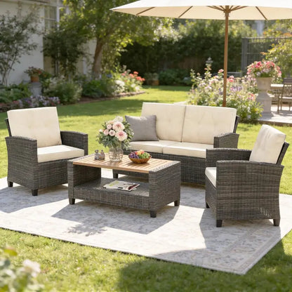 Wisteria Lane 4-Piece Navy Blue All-Weather Wicker Patio Sofa Set with Cushions and Glass Table