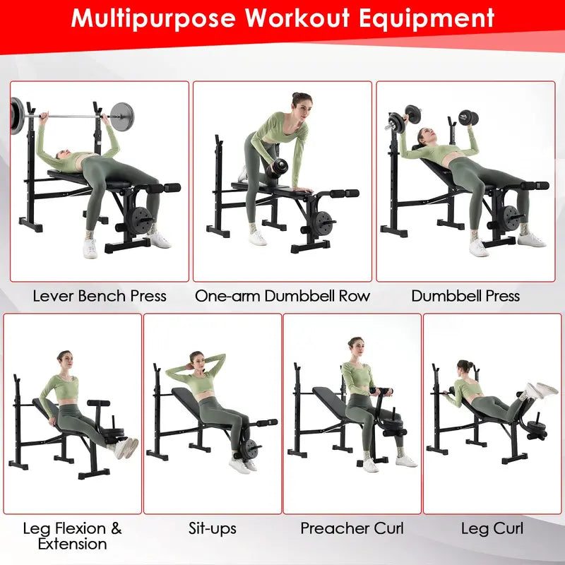 Foldable Olympic Weight Bench & Rack Combo  Adjustable Workout Station with Leg Developer Attachment