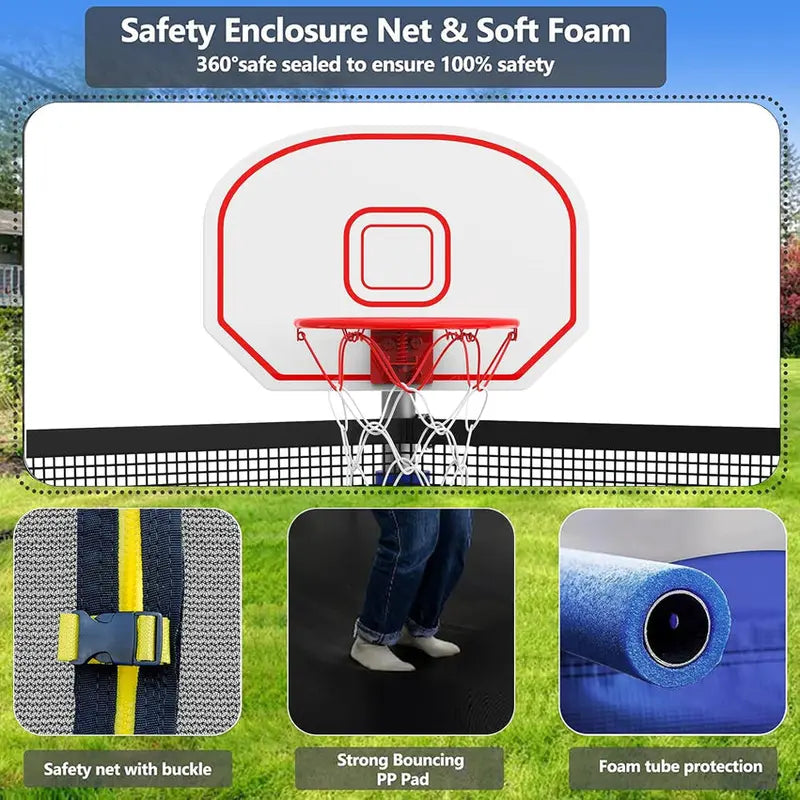 16-Foot Upgraded Trampoline with Enclosure Net and Adjustable Basketball Hoop