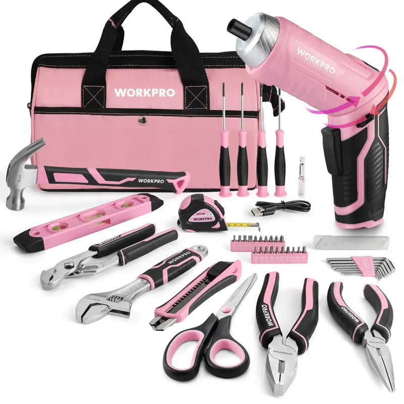 WORKPRO 55/75-Piece Pink Household Tool Set  Includes 3.7V Rotatable Cordless Screwdriver and Pink Ribbon Accents