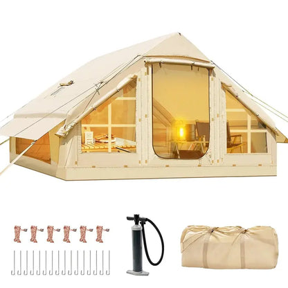6-Person Luxury Inflatable Family Tent  10′ x 7′ Glamping Cabin with Integrated Air Pump, All-Season Durability & Ventilated Mesh Panels