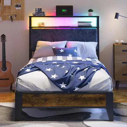 OLEVS Single Metal Platform Bed with LED-Lit Storage Headboard & USB Charging Station