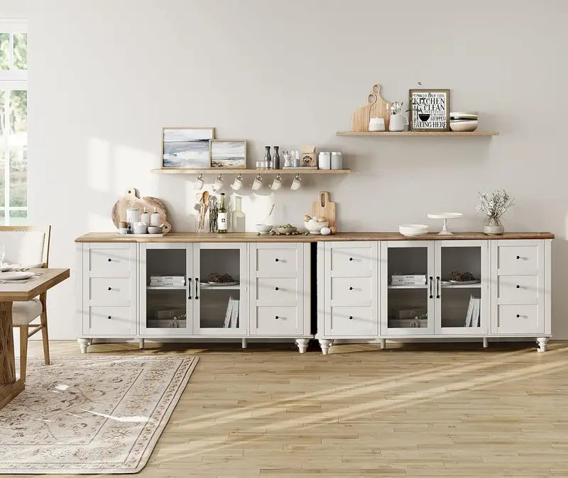 Oak-Finished Sideboard with Glass-Front Doors — Wooden Coffee Bar Cabinet for Dining or Living Room Storage