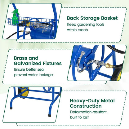 Heavy-Duty Metal Hose Cart  Dual-Wheel Design with Basket, Holds Up to 230 ft of 5/8″ Hose