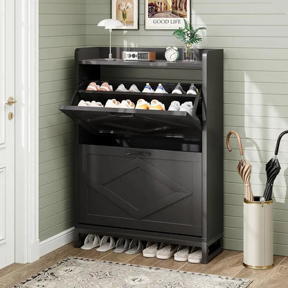 Compact Shoe Storage Cabinet Featuring Two Flip Drawers and One Adjustable Shelf