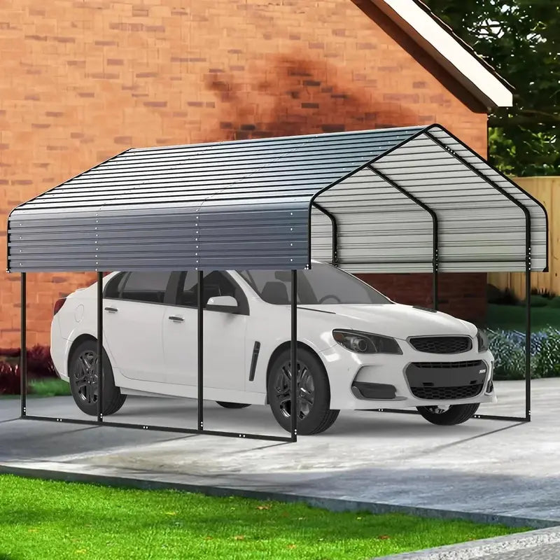 10 ft x 15 ft Reinforced Metal Carport  Weather-Resistant Outdoor Garage or Shade Structure