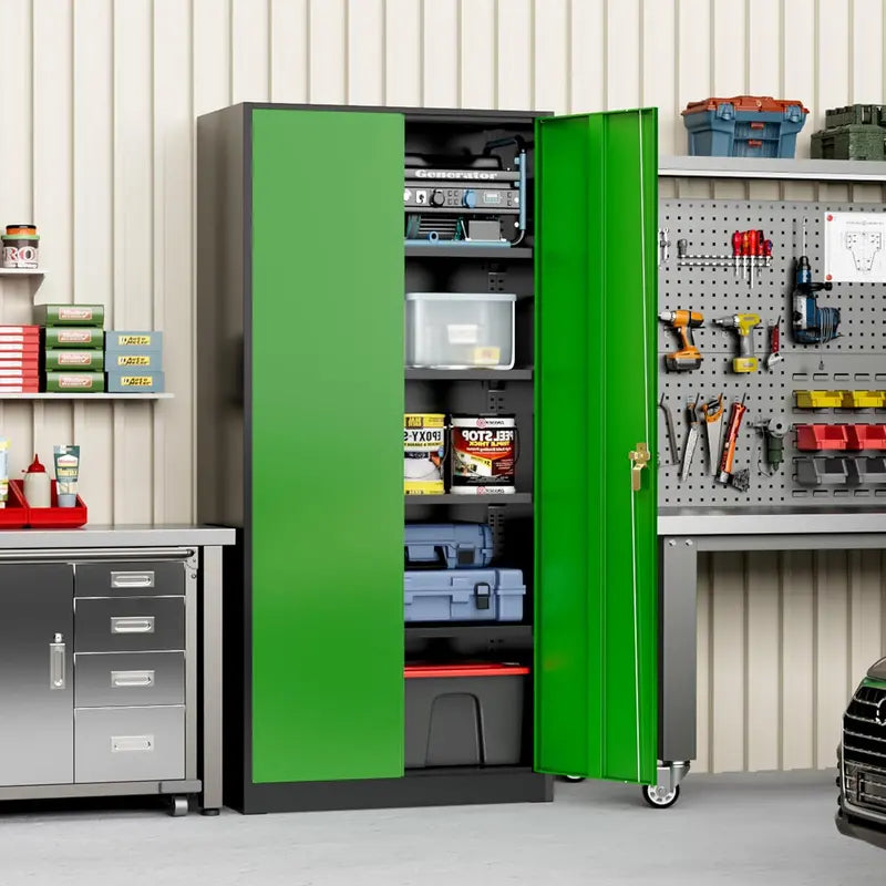 Greenvelly 72-Inch Locking Metal Storage Cabinet — 2-Door Garage or Office Organizer with Adjustable Shelves