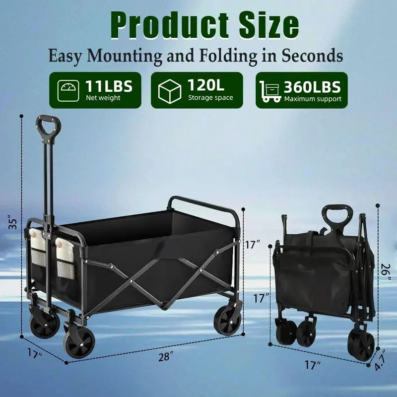 All-Terrain 4-Wheel Folding Beach Cart  37″ Extended Frame, 480 lb Capacity, Compact Fold Design