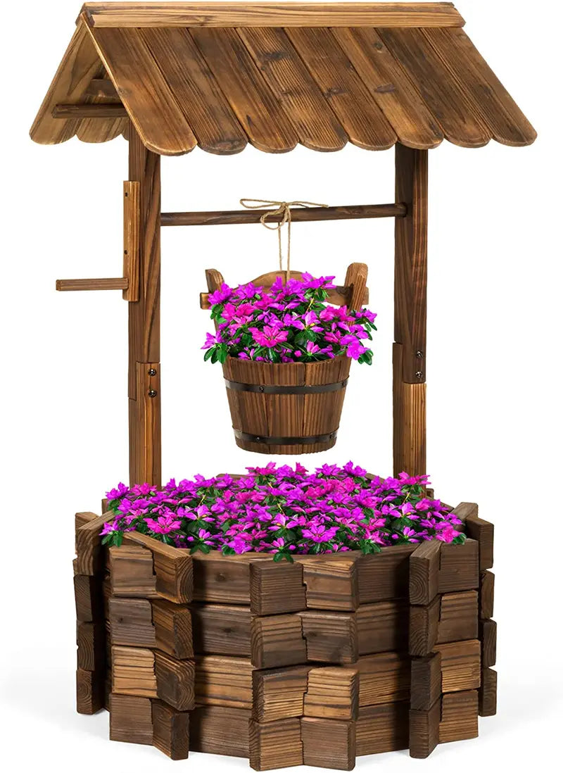 Rustic Wishing Well Planter  Handmade Wooden Outdoor Decor with Hanging Bucket