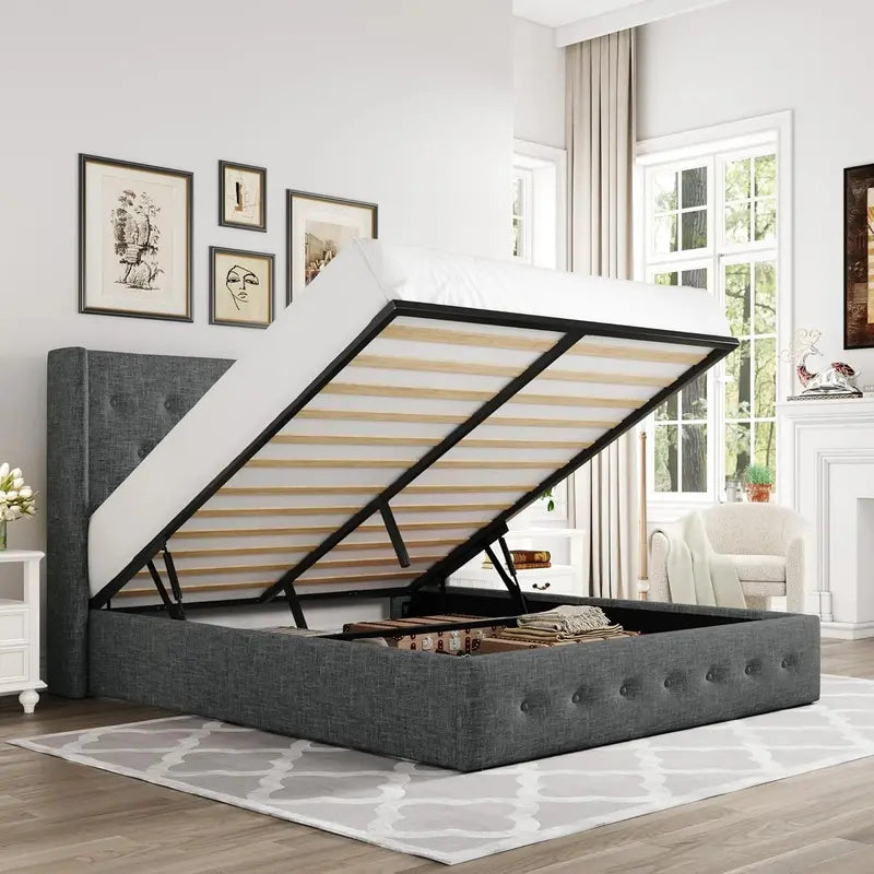 Allewie Modern Hydraulic Lift Queen Storage Bed  Wingback Headboard, Light Beige