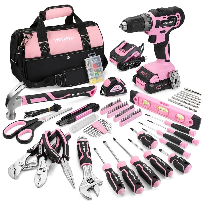 WORKPRO 157-Piece Household Tool Kit with 20V Cordless Drill Driver  Pink Ribbon Edition