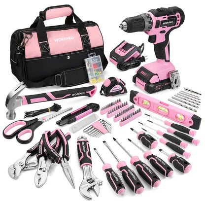 WORKPRO 157-Piece Household Tool Kit with 20V Cordless Drill Driver  Pink Ribbon Edition