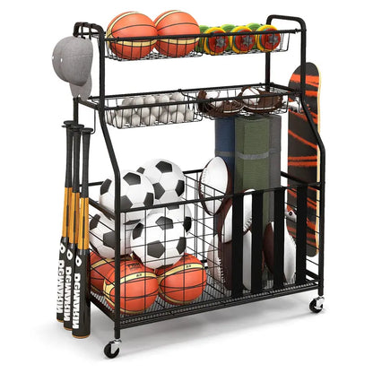 Mobile Sports Equipment Organizer  Wheeled Ball Rack for Garage or Gym Storage