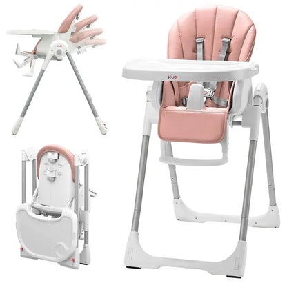 Foldable Baby High Chair, Grey Faux Leather, Adjustable Height & Recline, Removable Tray, Safety Harness, Locking Wheels