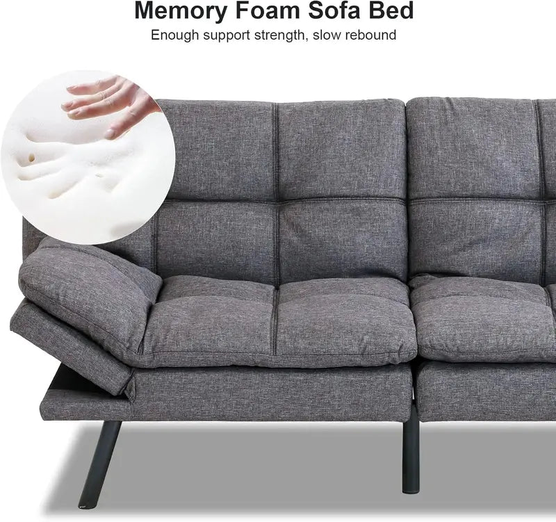 Modern Futon Sofa Bed  Memory Foam Cushioned Convertible Couch with Supportive Sleep Surface