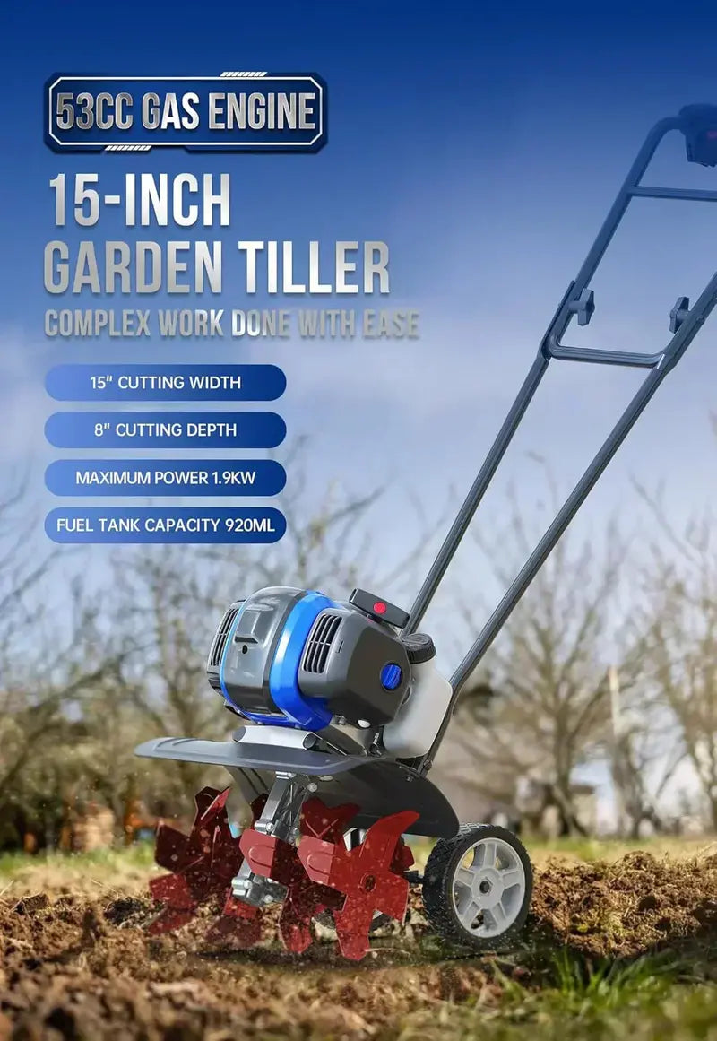 53cc Gas-Powered Mini Garden Tiller — 15-Inch Liftable Rod Cultivator for Compact Plots