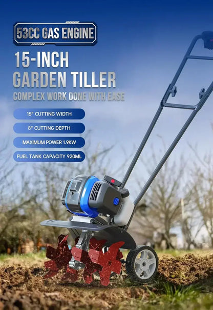 53cc Gas-Powered Mini Garden Tiller — 15-Inch Liftable Rod Cultivator for Compact Plots