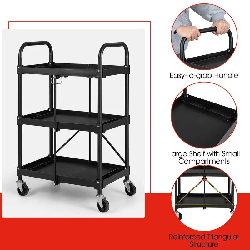 Three-Tier Rolling Utility Cart  Industrial-Strength Folding Tool Trolley with 330 LB Capacity