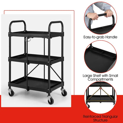 Three-Tier Rolling Utility Cart  Industrial-Strength Folding Tool Trolley with 330 LB Capacity