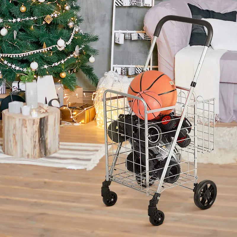 Heavy-Duty Folding Shopping Cart with Dual Baskets and 360° Swivel Wheels