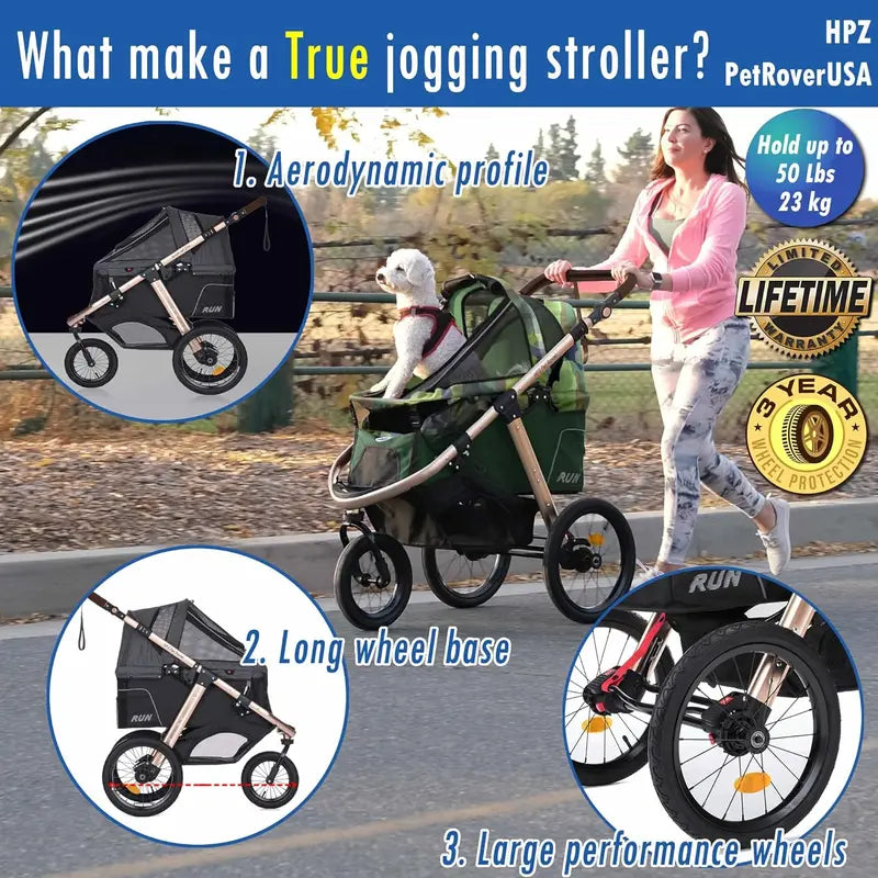 All-Terrain Pet Jogging Stroller  Aluminum Frame, Zipper-Free Entry, One-Hand Fold, Rubber Wheels (Green Camo)