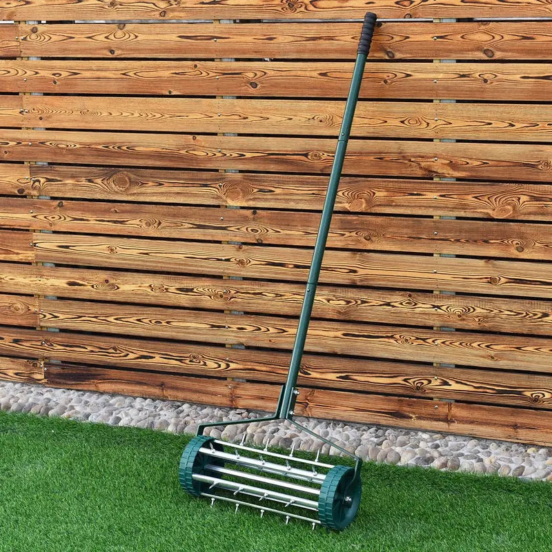 Rolling 18-Inch Lawn Aerator  Heavy-Duty Rotary Spike Aeration Tool for Gardens and Yards