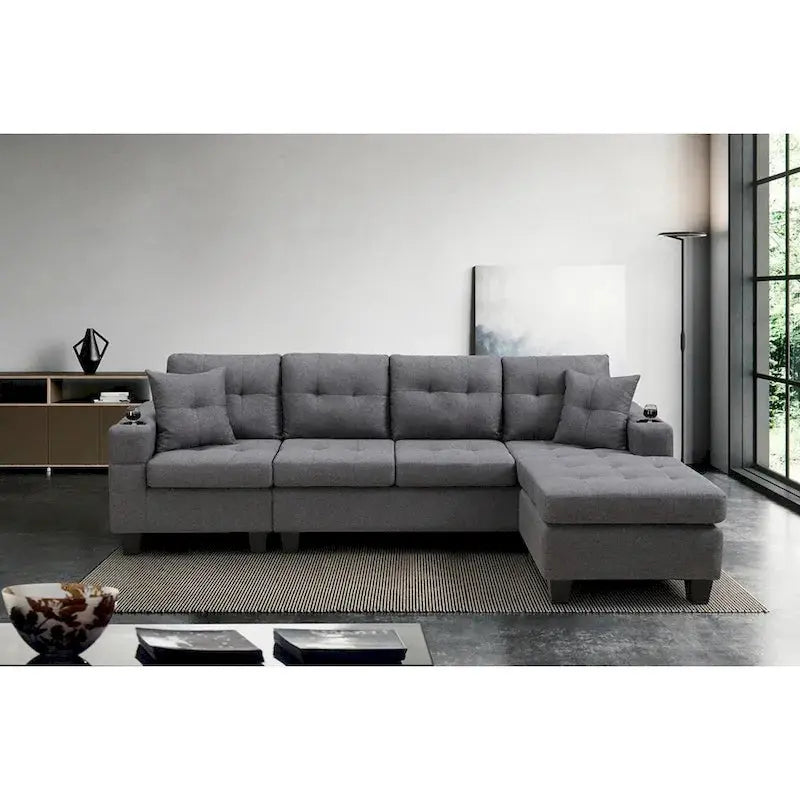 Contemporary L-Shaped Sectional Sofa with Integrated Cup Holders and Lounge Chaise