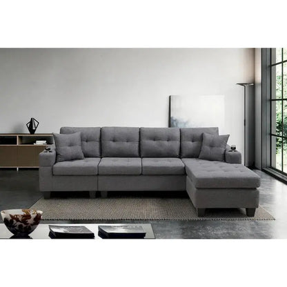 Contemporary L-Shaped Sectional Sofa with Integrated Cup Holders and Lounge Chaise