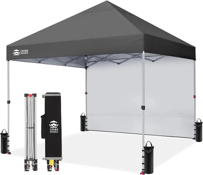 CROWN SHADES 10′ x 10′ Pop-Up Canopy with Single Sidewall: Portable Event Shelter for Parties, Campgrounds, and Outdoor Markets — Includes STO-N-Go Carry Bag