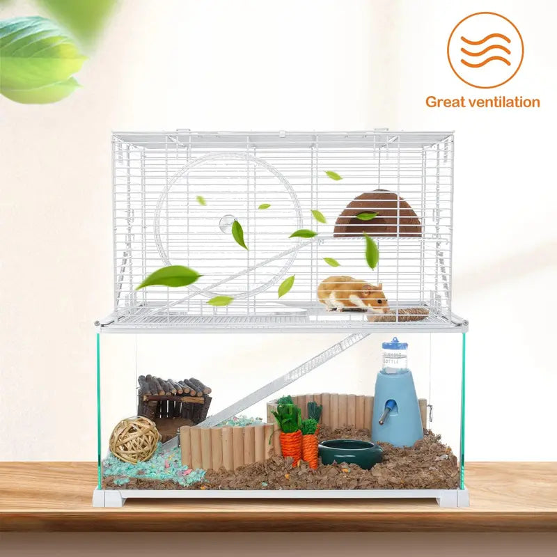 Large 3-Tier Hamster Habitat  Glass Base with Wire Topper, Ramps, Ladders & Waterproof Tray