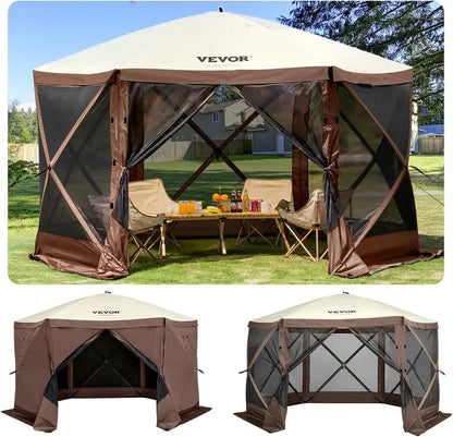 12′ x 12′ Hexagonal Camping Awning Tent — IPX3 Waterproof, Mesh Ventilation, Portable Storage Bag