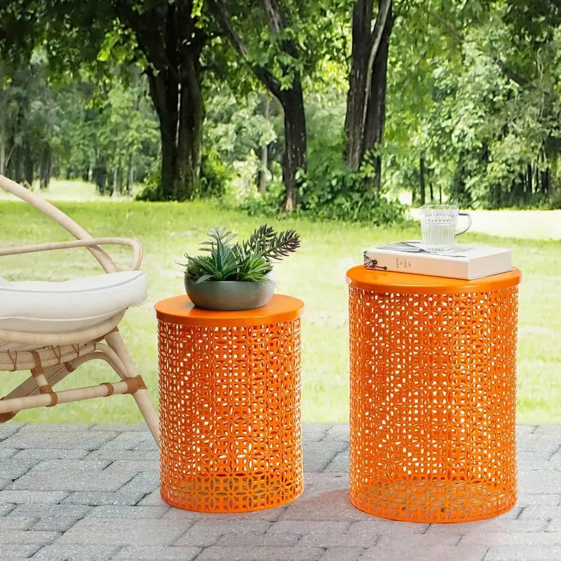 Glitzhome Multi-Functional Metal Orange Garden Stool or Plant Stand or Accent Table (Set of 2) 2003800007