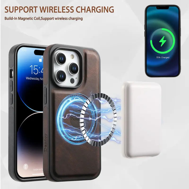 Magnetic Leather Wallet Case for iPhone  MagSafe Compatible with Card Slot