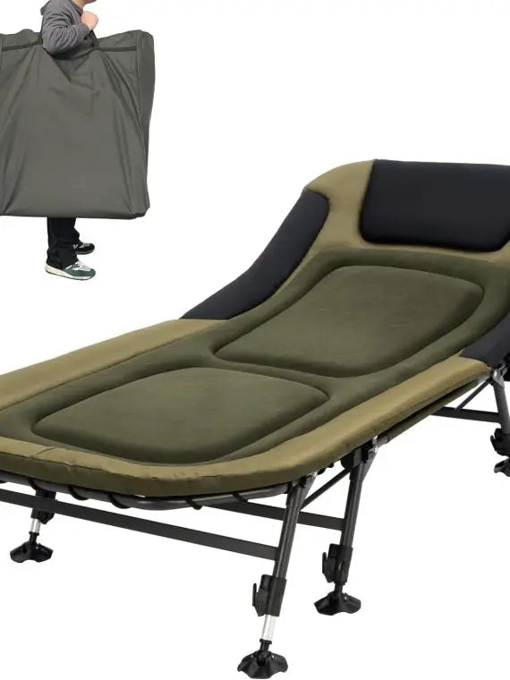 Portable Military Camping Cot for Adults 330lbs  Heavy Duty Folding Bed with Soft Padded Cushion, 180° Adjustable Reclining Outdoor Lounger, Green
