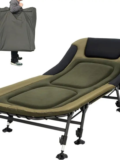 Portable Military Camping Cot for Adults 330lbs  Heavy Duty Folding Bed with Soft Padded Cushion, 180° Adjustable Reclining Outdoor Lounger, Green