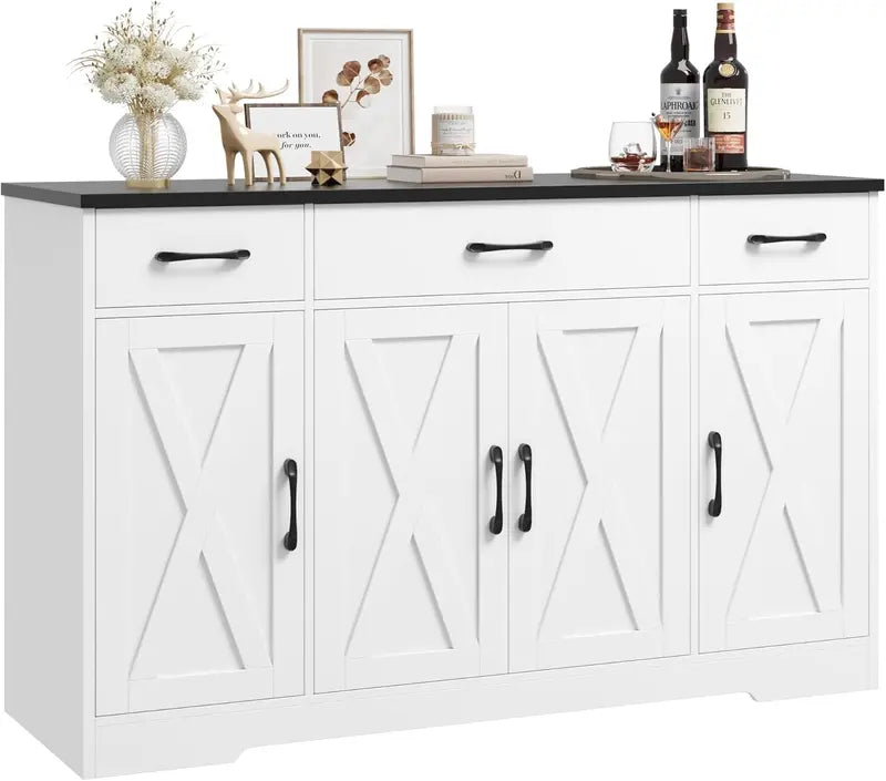HOSTACK Modern Farmhouse Buffet Cabinet  55-Inch Wooden Sideboard with Drawers, Shelves & Doors for Coffee Bar or Dining Room Storage