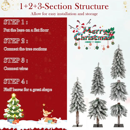 Three-Piece Snow-Flocked Christmas Tree Set  3’, 4’, and 5’ Trees with 300 Multicolor LEDs