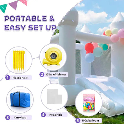 White Indoor/Outdoor Toddler Bounce House  Oxford Fabric Castle with Slide, Balloons & Blower  103 x 71 x 90 Inches  Ideal for Birthdays & Holiday Parties