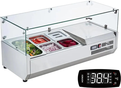 Countertop Refrigerated Condiment Prep Station  135W Sandwich Bar with Stainless Steel Body, Polycarbonate Lid, and 6 Pan Compartments
