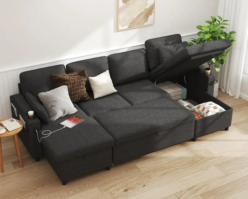 Convertible Dark Gray Sofa Bed  Pull-Out Sleeper Sectional with Built-In Storage, USB Ports & Cup Holders