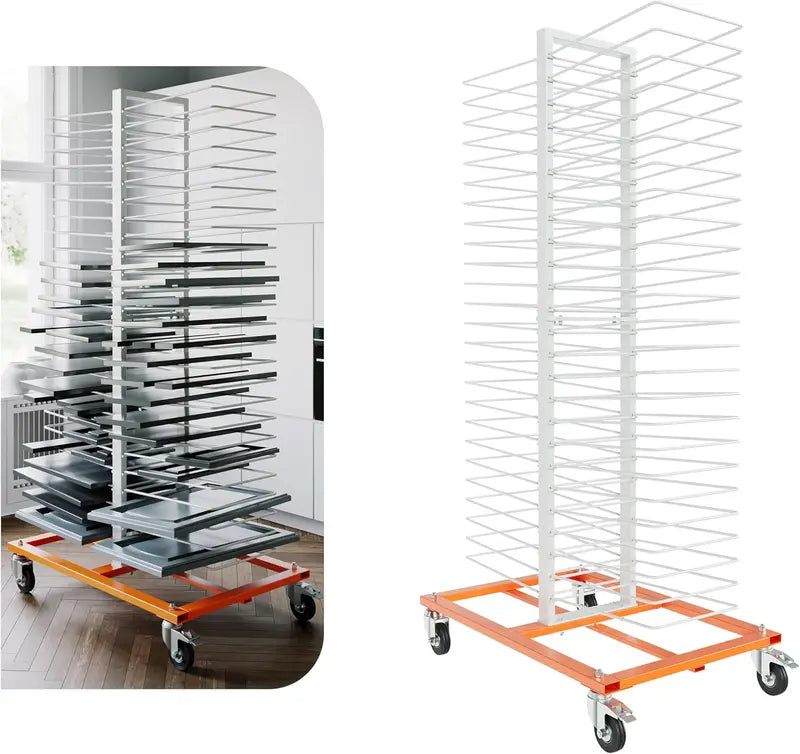 50-Shelf Rolling Paint Drying Rack  25 lbs per Shelf, Orange/White Industrial Organizer