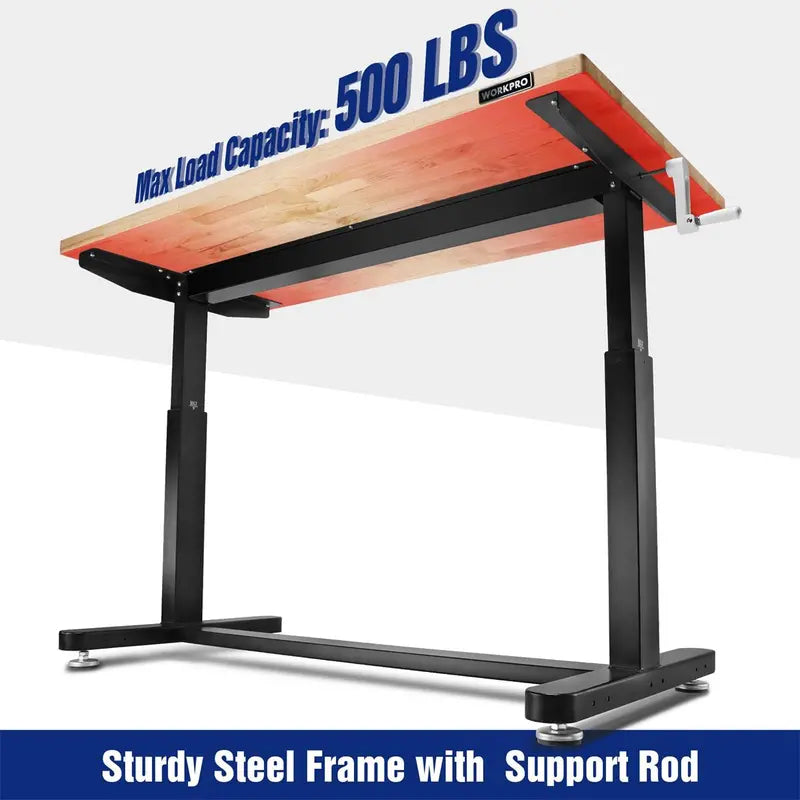 WORKPRO 60-Inch Crank-Adjustable Workbench  Industrial-Strength Table with Leveling Feet and 500-Lb Capacity